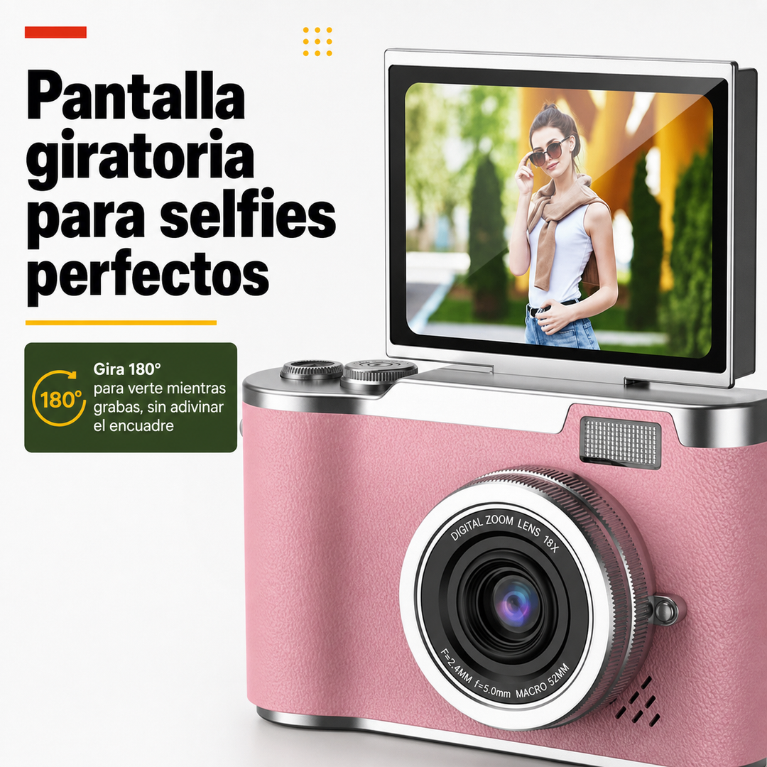 Captura fotos 48MP y videos 4K con cámara digital rosa, equipada con potente zoom 8X.