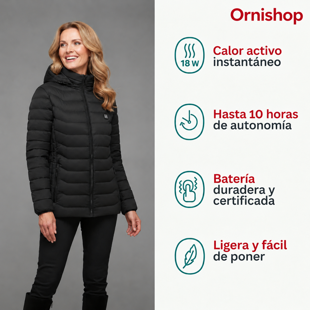 Chaqueta calefactable femenina para actividades al aire libre. Mantiene cálida en invierno con tecnología térmica.
