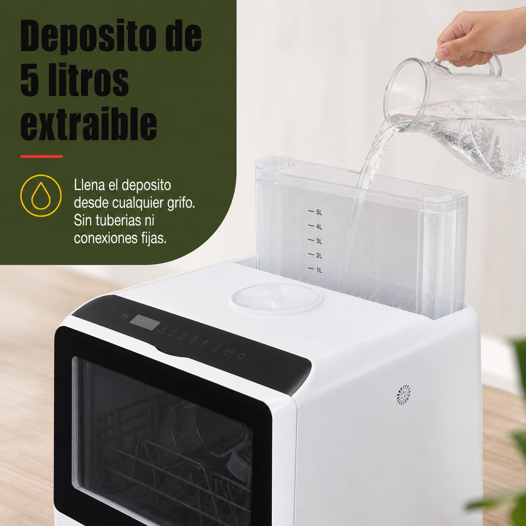 Detalle frontal del lavavajillas compacto R01 de sobremesa. Ofrece limpieza profunda y es ideal para espacios reducidos.