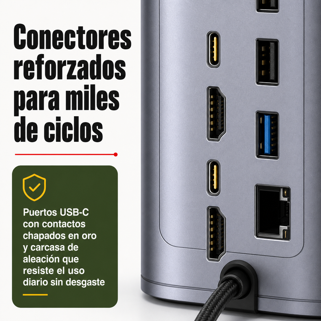 Hub USB-C unisex 12 en 1 con salida de video HDMI 4K y carga PD 100W. Conectividad esencial para cualquier portátil.