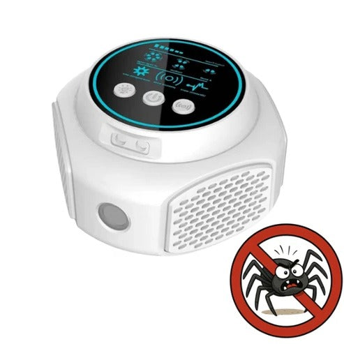 Dispositivo ahuyentador ultrasónico blanco. Repelente moderno para arañas e insectos, se integra en cualquier hogar.