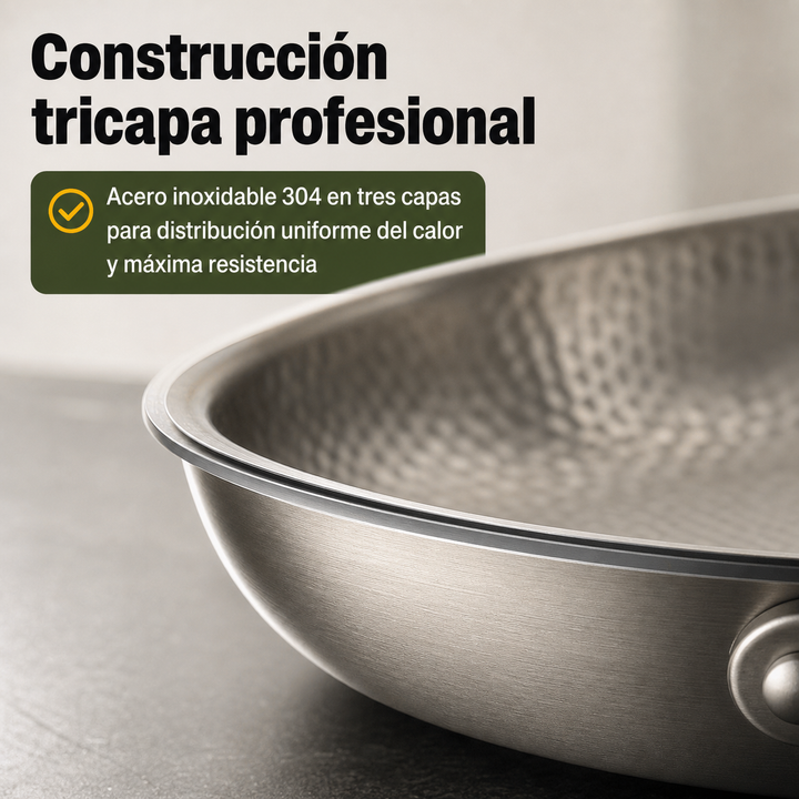 Sartén de inducción y gas, acero inoxidable de alta calidad. Sin químicos, cocina saludable y duradera.