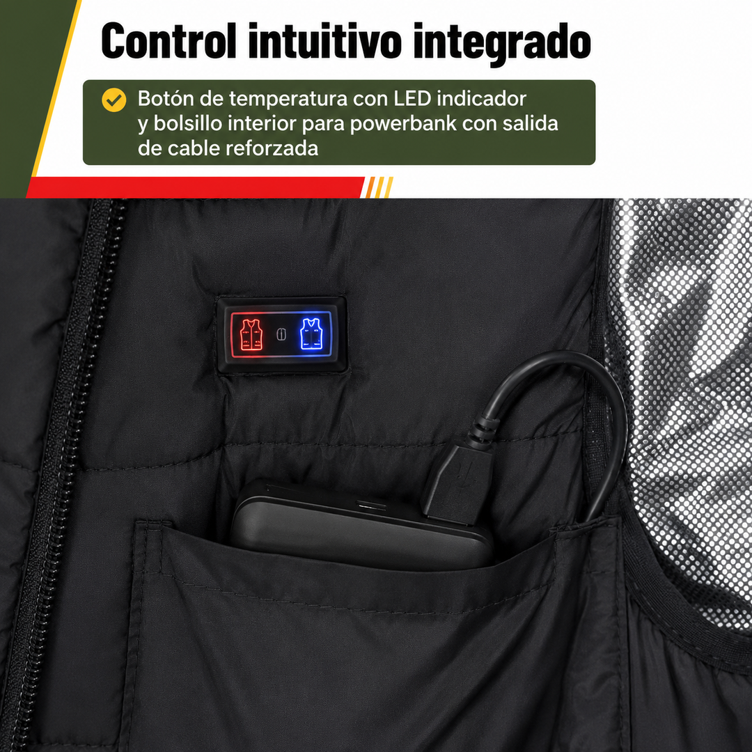 Primer plano de chaleco calefactable USB con tecnología de grafeno, ropa de invierno esencial para el aire libre.