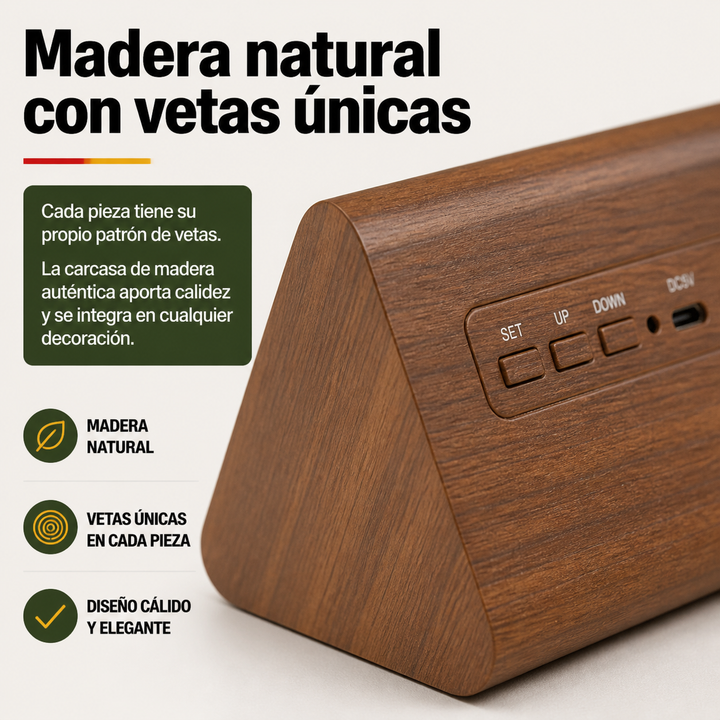 Despertador de mesa de madera con pantalla LED. Un toque minimalista para tu decoración.