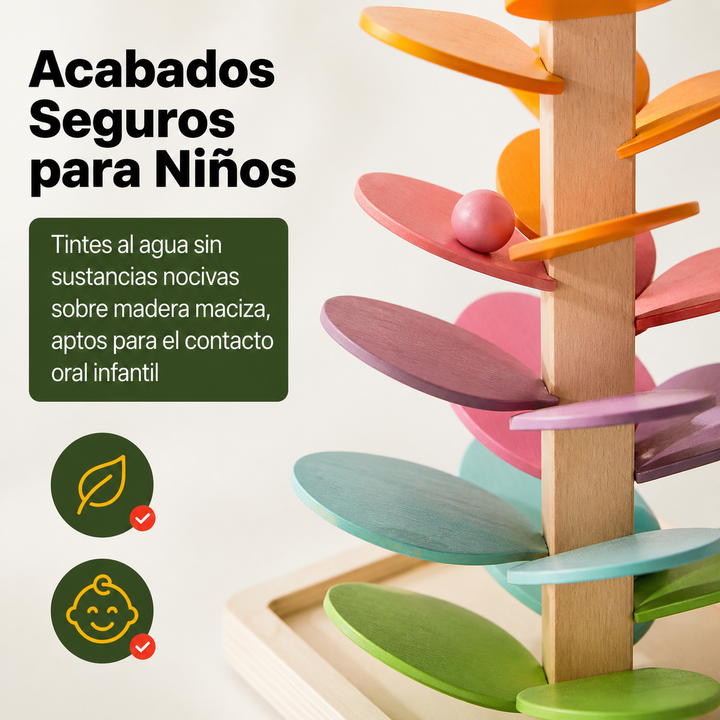 Juguete educativo de madera para bebés, torre de bolas con sonido y colores arcoíris. Estimula desarrollo.