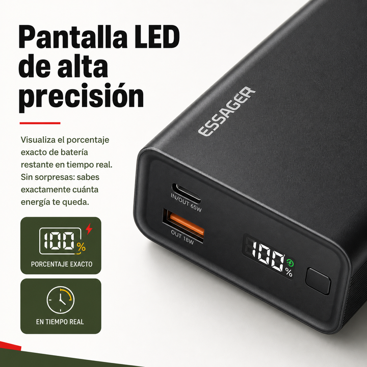 Batería externa compacta 20000mAh 65W. Power bank de carga rápida USB-C PD para laptops y viajes.
