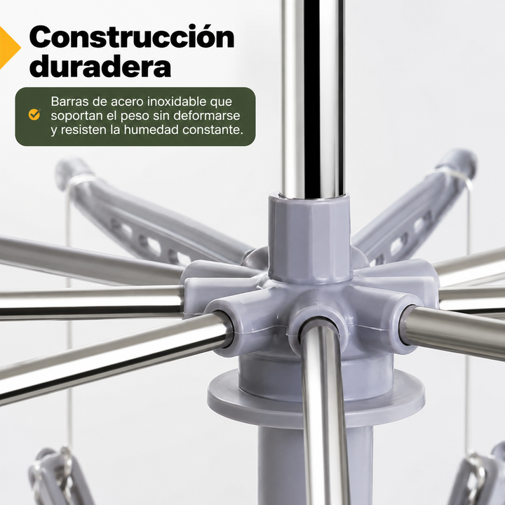 Ropa secándose en tendedero eléctrico plegable de 900W. Secado rápido y eficaz con tecnología de aire caliente para hogar.