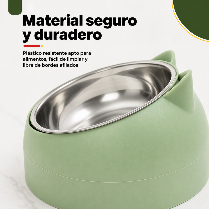 Accesorio para gatos: comedero antivómito ergonómico. Ideal para digestión y postura saludable.
