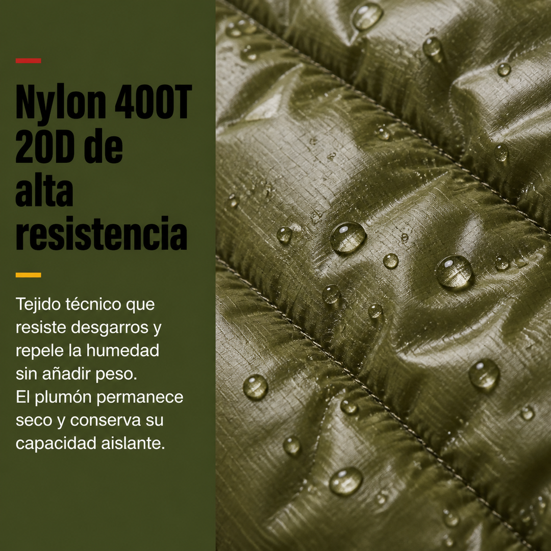 Saco de dormir verde ultraligero de plumón para senderismo, camping y aventura 3 estaciones, compacto.