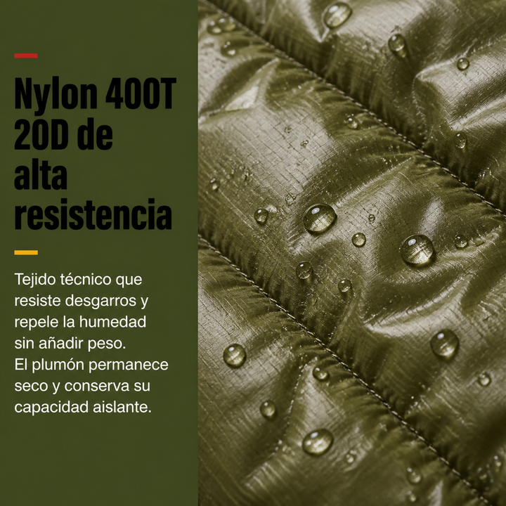 Saco de dormir verde ultraligero de plumón para senderismo, camping y aventura 3 estaciones, compacto.