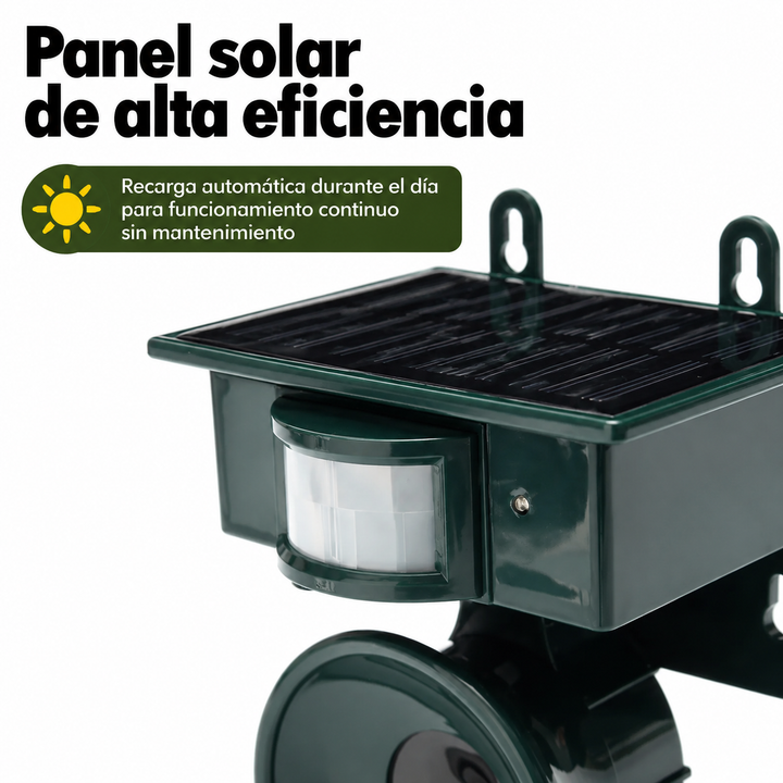 Ahuyentador de animales solar para jardín, resistente y seguro. Protege tu exterior de plagas con tecnología de ultrasonidos.