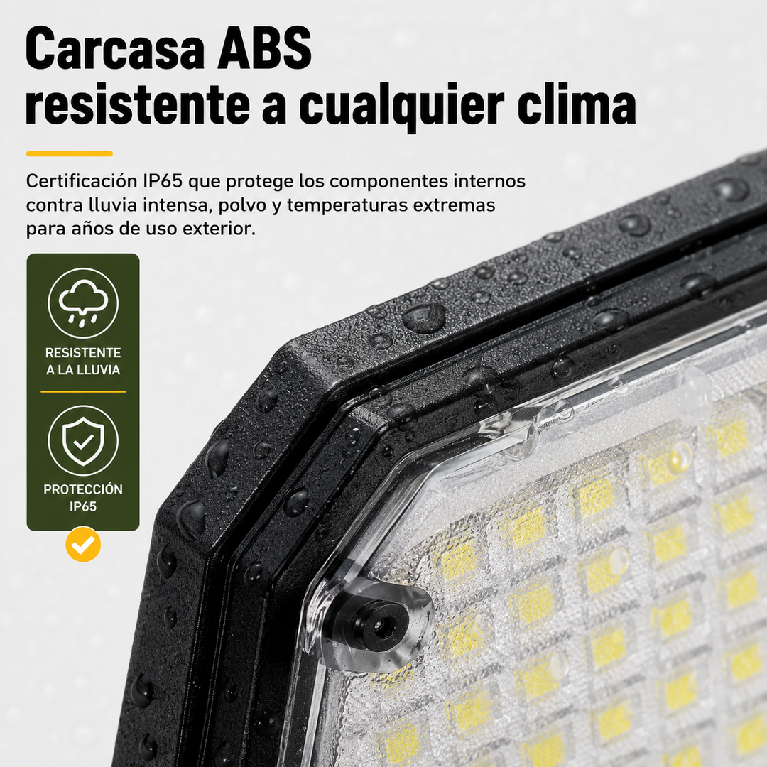 Foco solar LED impermeable con sensor de movimiento y control remoto, perfecto para iluminación de seguridad exterior.