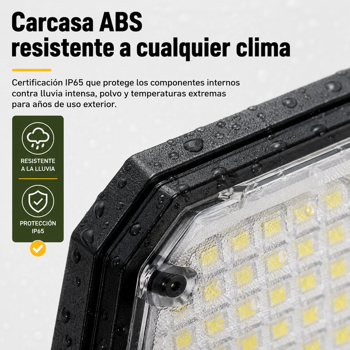 Foco solar LED impermeable con sensor de movimiento y control remoto, perfecto para iluminación de seguridad exterior.