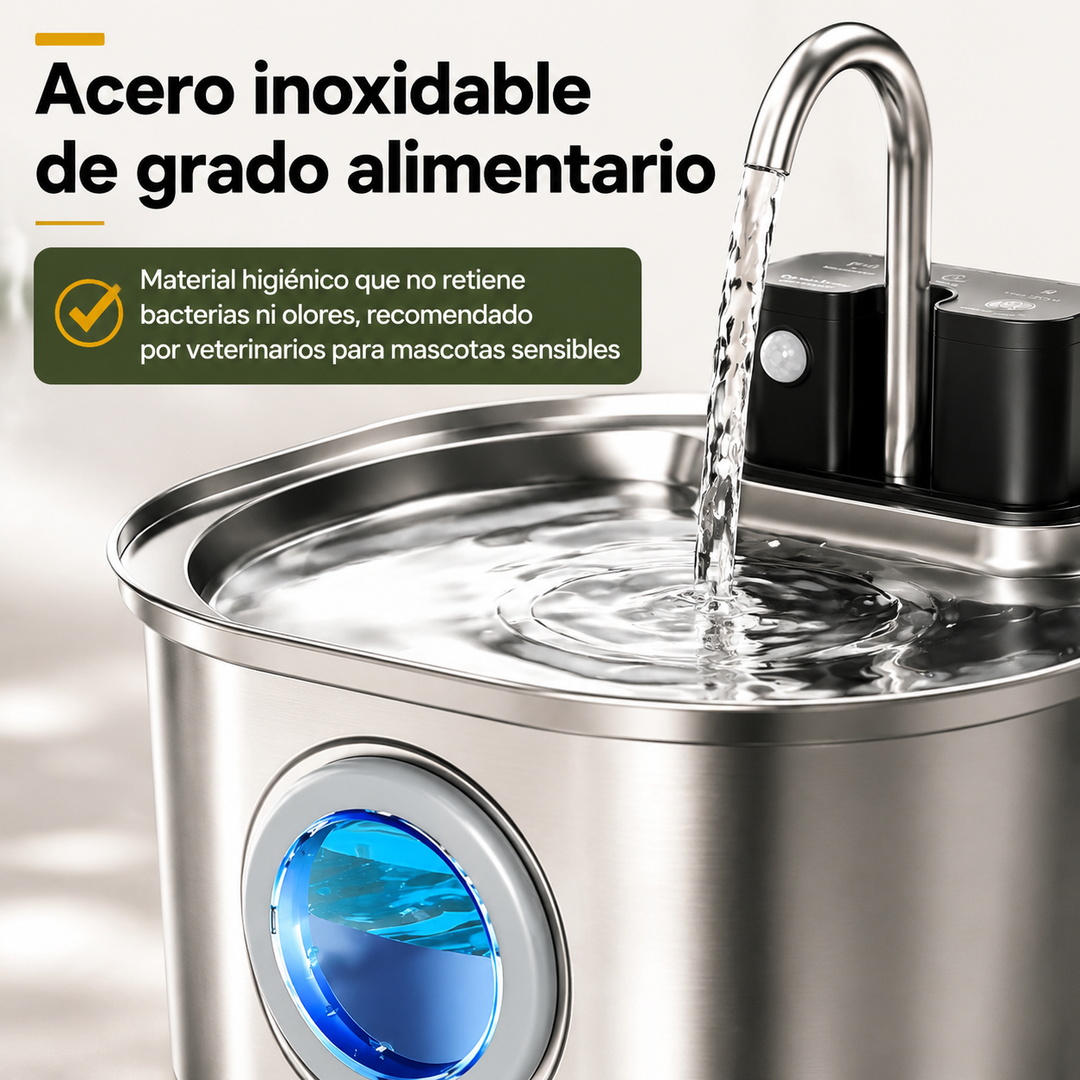 Fuente de agua automática inalámbrica para hidratación de gatos y perros. Bebedero recargable de 3L de acero inoxidable.