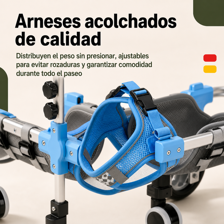 Silla de ruedas ajustable para mascotas, fabricada en aluminio ligero, ideal para soporte de patas traseras.