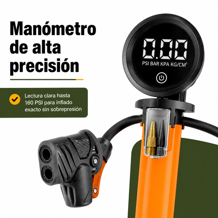Inflador de neumáticos manual 11 bar. Bomba portátil para bicicletas, motos y coches, apta para válvulas Presta/Schrader.