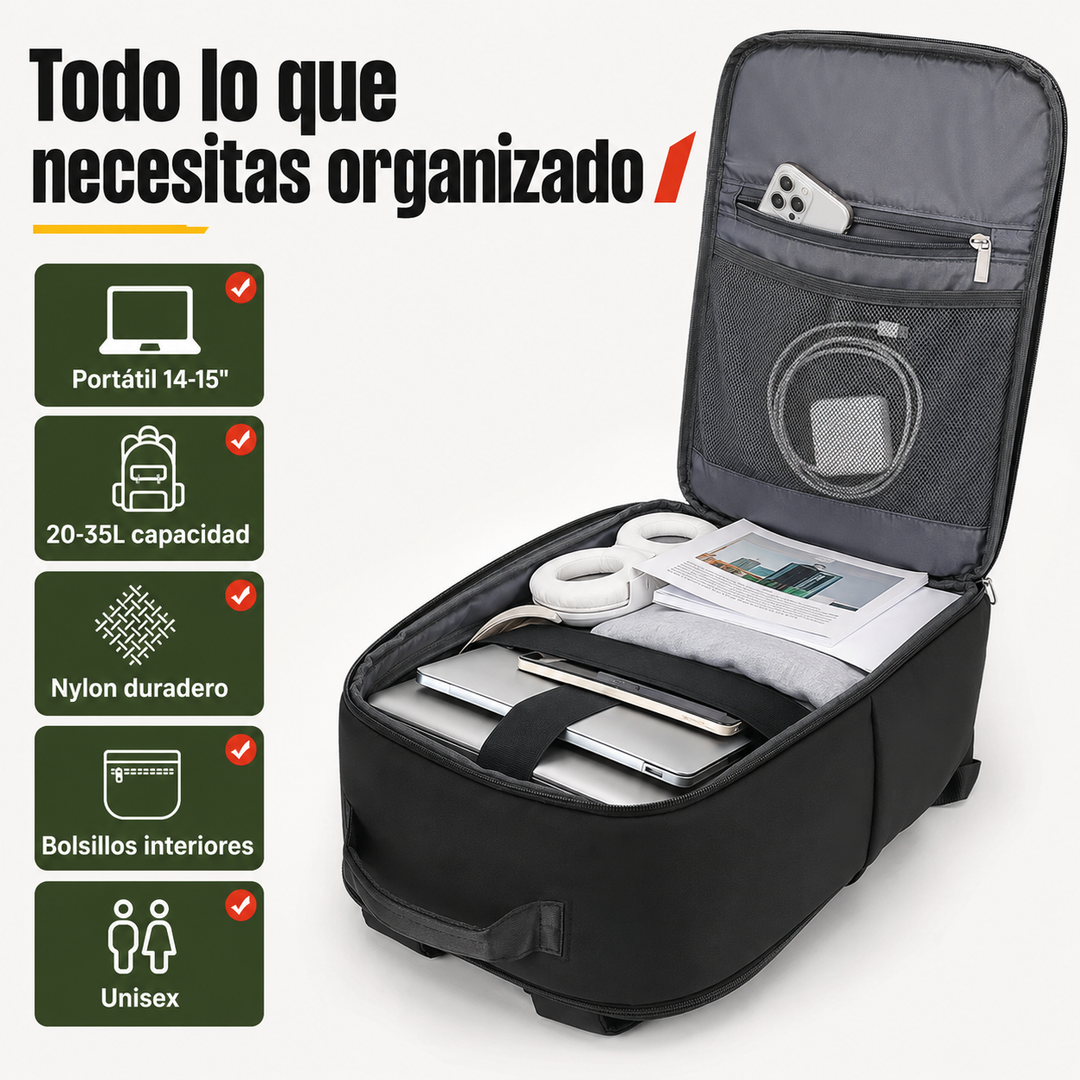 Mochila de viaje impermeable 20-35L, unisex, apta como equipaje de mano. Ideal para organizar portátil de 15''.
