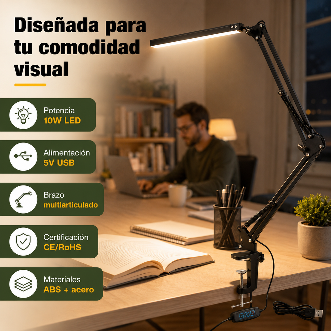 Cabezal LED de lámpara de estudio con luz regulable, sin parpadeo. Perfecto para proteger la vista al leer.