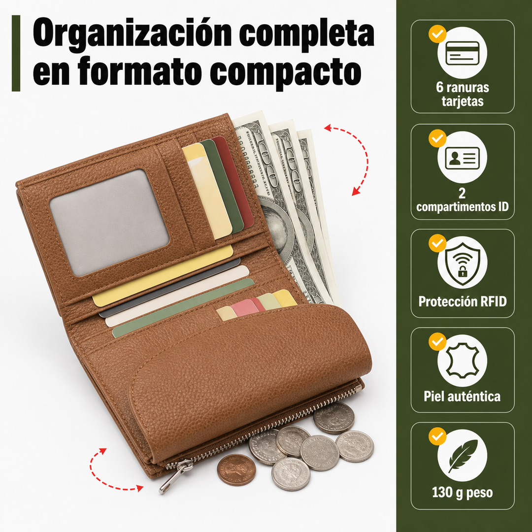 Piel auténtica: Cartera compacta RFID con doble monedero. Comodidad y seguridad para hombre y mujer.