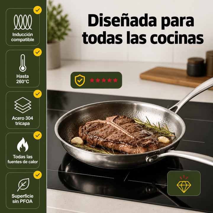 Foto de sartén de acero inoxidable para cocina, apta para todas las cocinas: inducción, gas, vitrocerámica.