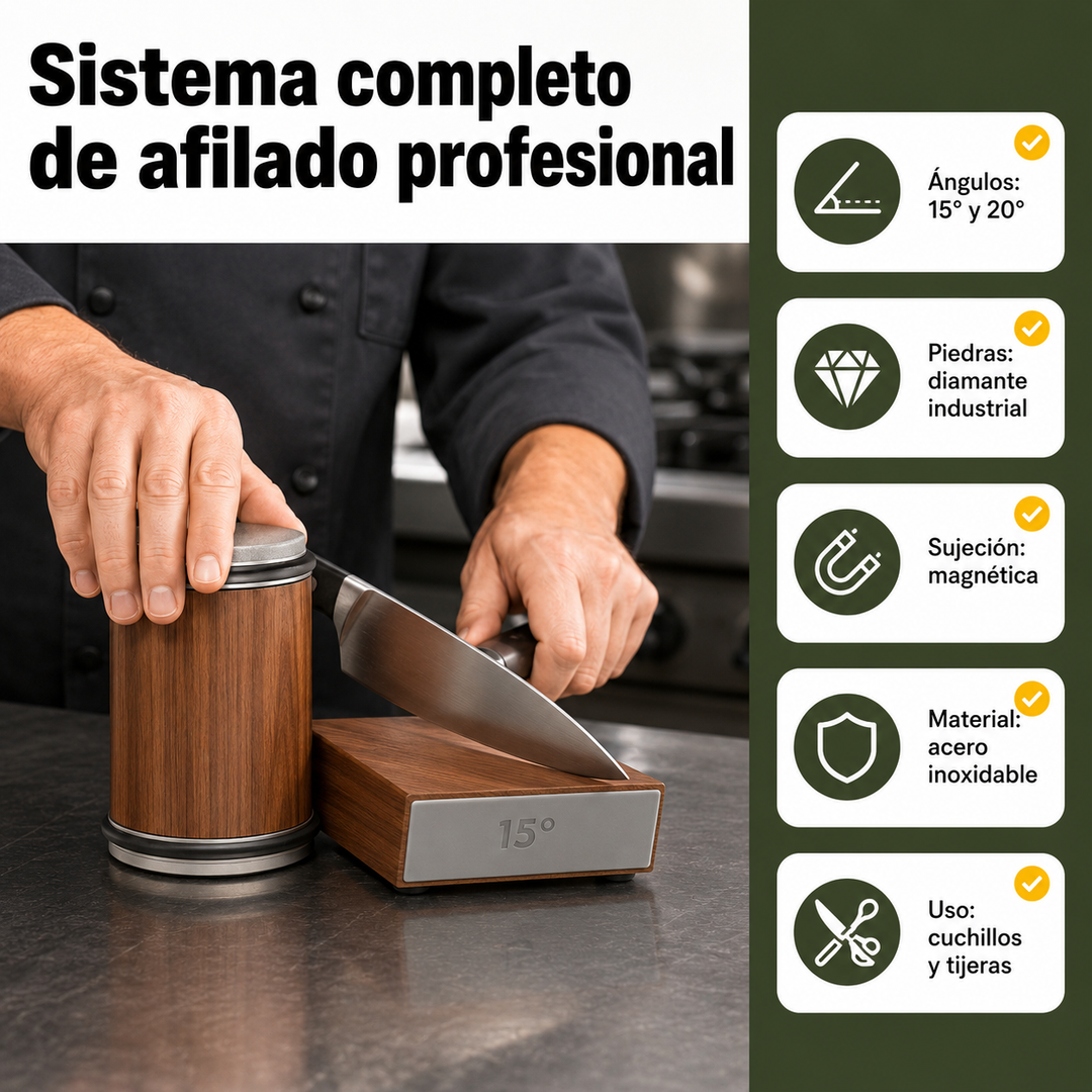 Afilador de cocina rodante con sistema de diamante para obtener un filo perfecto y duradero.