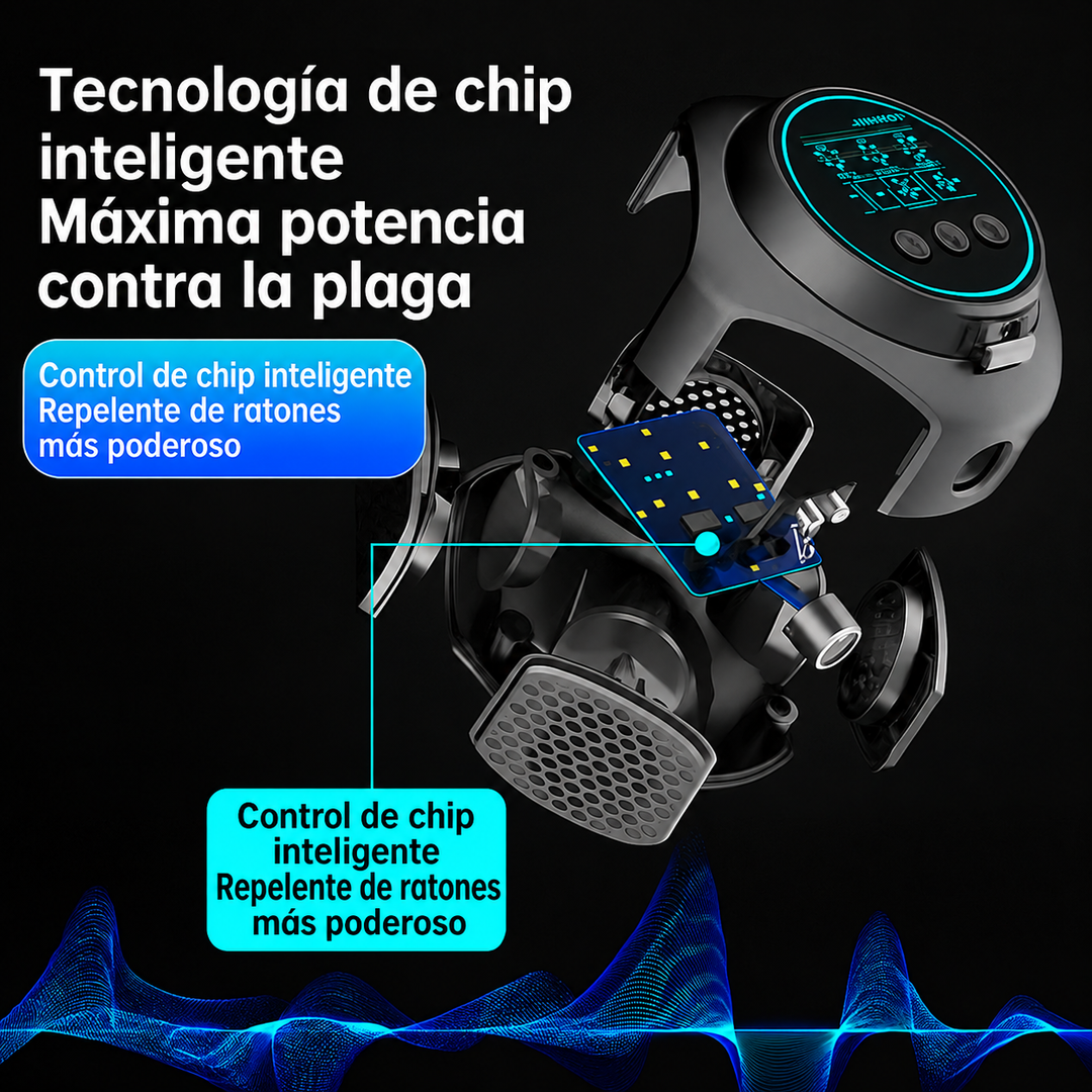 Ahuyentador ultrasónico negro. Elegante repelente electrónico para un hogar sin arañas ni plagas, diseño discreto.