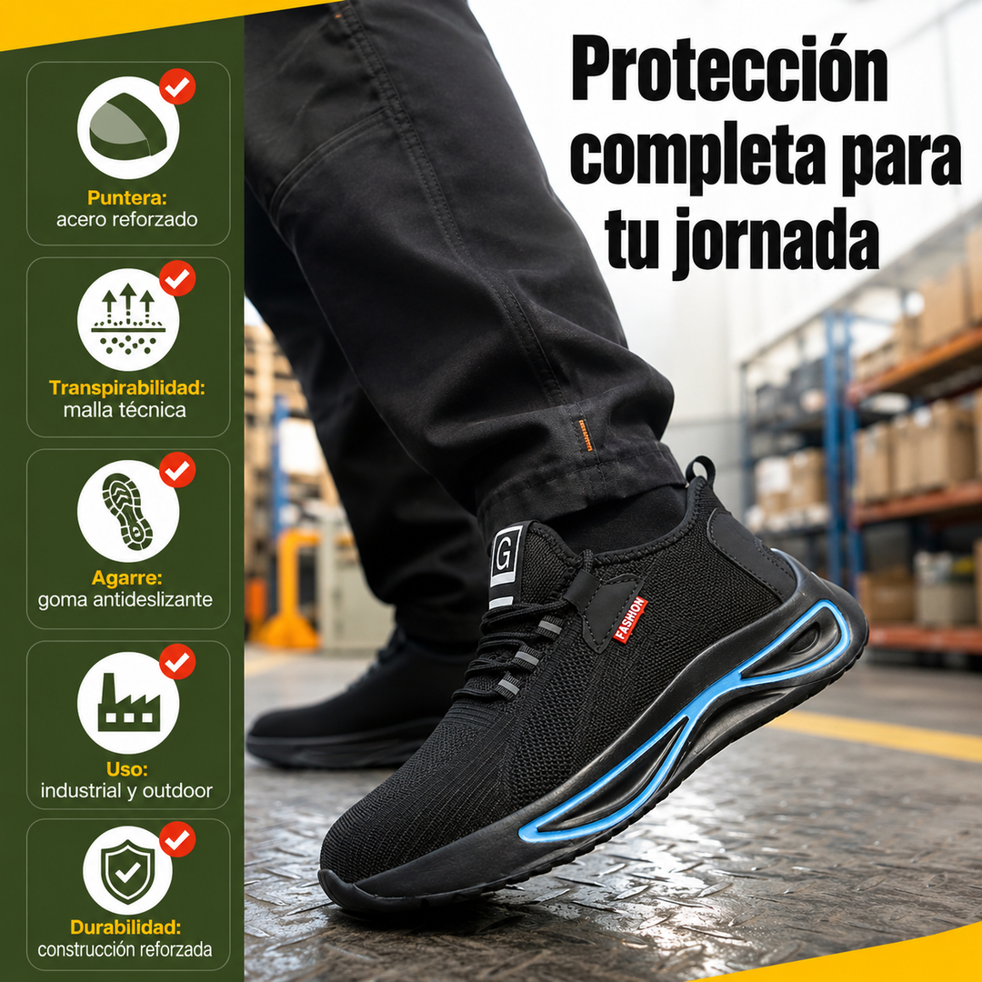 Calzado de seguridad industrial para hombre con puntera de acero y malla, alta protección y agarre antideslizante.