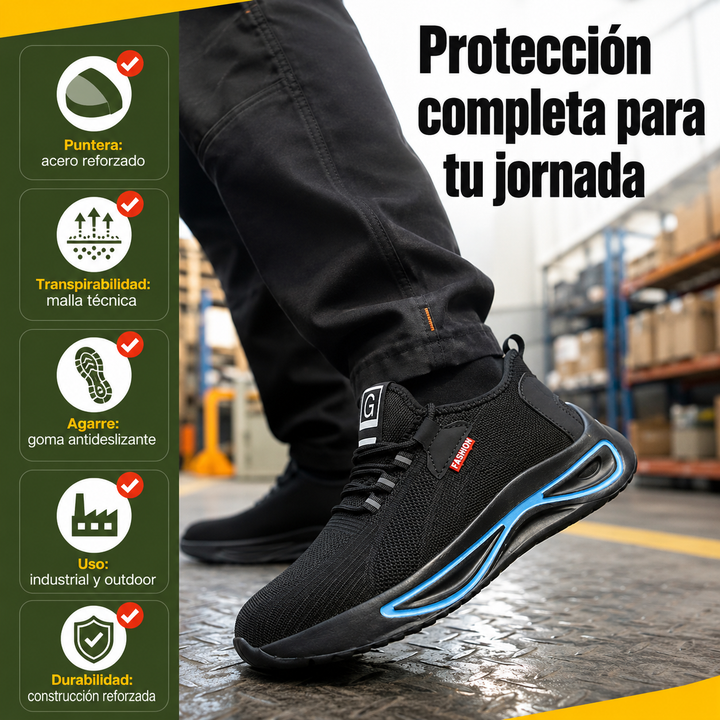 Calzado de seguridad industrial para hombre con puntera de acero y malla, alta protección y agarre antideslizante.