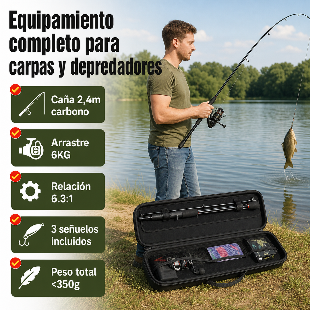 Equipo de pesca completo: caña telescópica de 2,4m, carrete baitcasting, listo para tus aventuras de pesca.