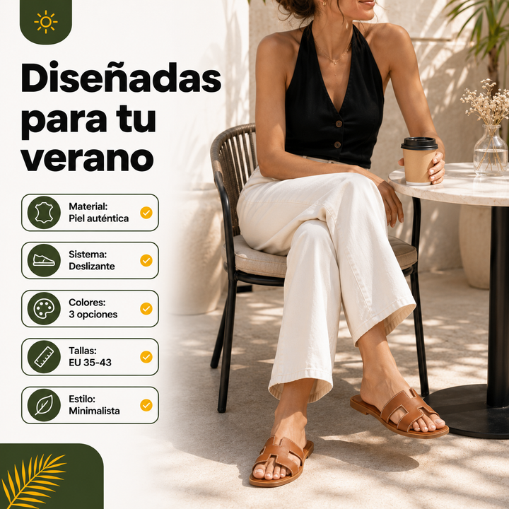 Par de sandalias planas deslizantes de mujer. Confortables para el verano, perfectas para looks casuales.