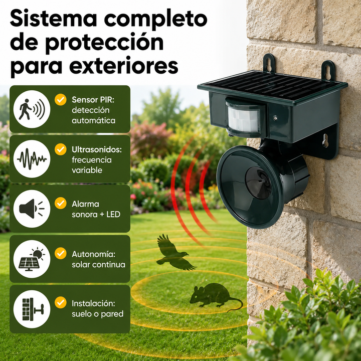Protección para jardín: ahuyentador solar de animales con sensor PIR y ultrasonidos. Dispositivo ecológico contra plagas.