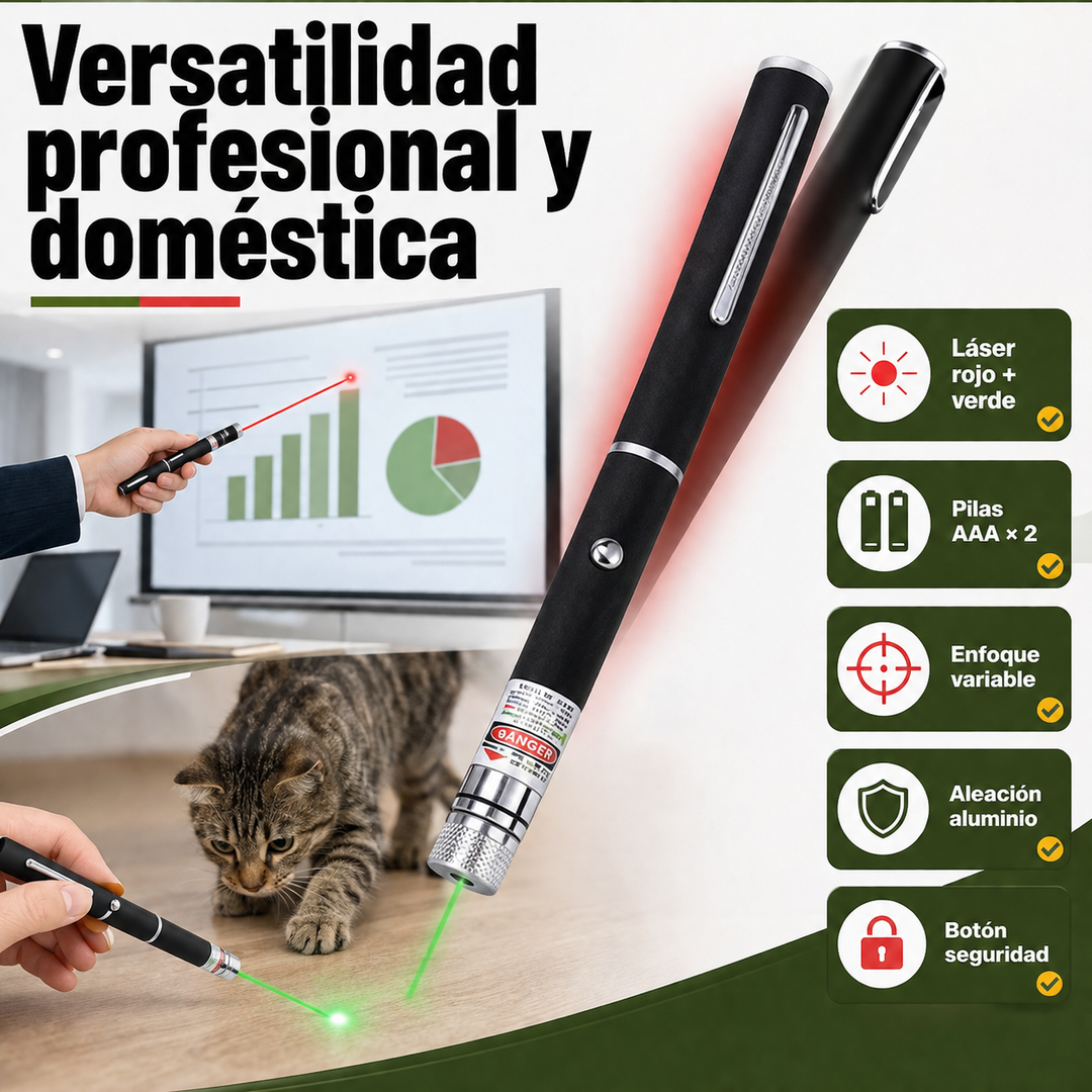 Puntero láser rojo y verde para presentaciones claras y entretenimiento felino. Ajustable y portátil.