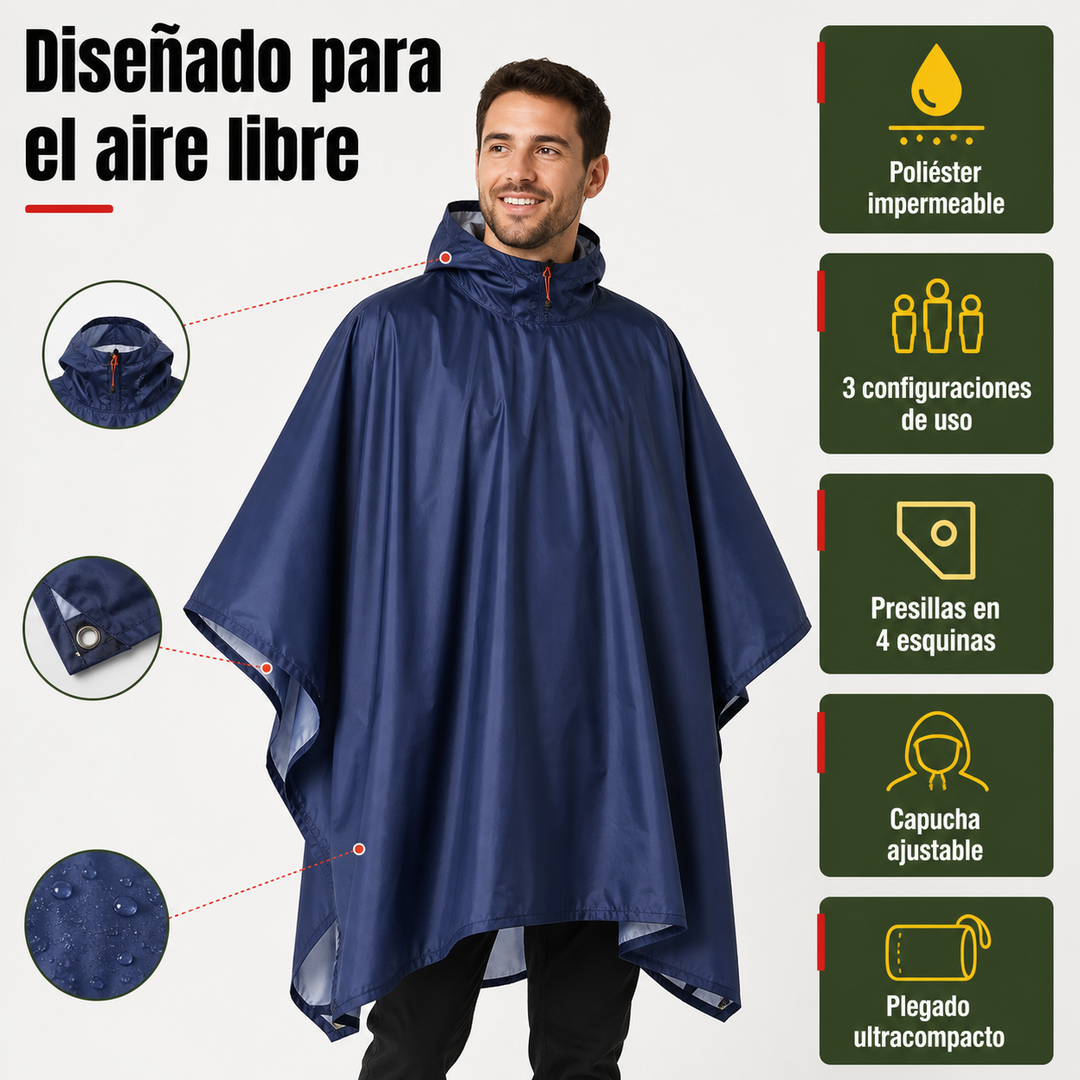 Poncho multiusos para lluvia que se transforma en toldo de emergencia o manta. Ideal para aventuras al aire libre.
