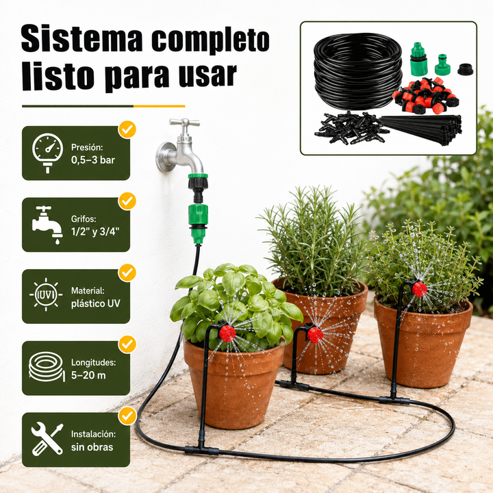 Manguera y goteros ajustables para sistema de riego por goteo en balcones, jardines y terrazas.
