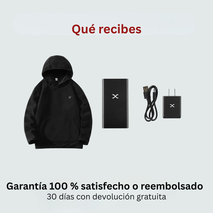 Sudadera calefactable negra para mujer, con botones de control de temperatura, ofreciendo calor y moda invernal.