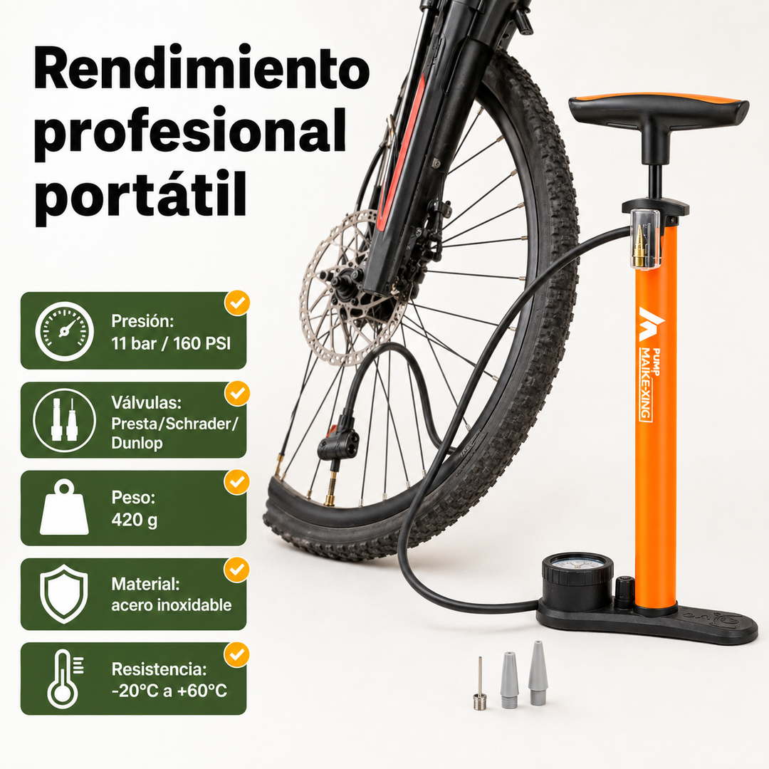 Accesorio de ciclismo: bomba de aire manual portátil para bicicleta. También infla neumáticos de coche y moto fácilmente.