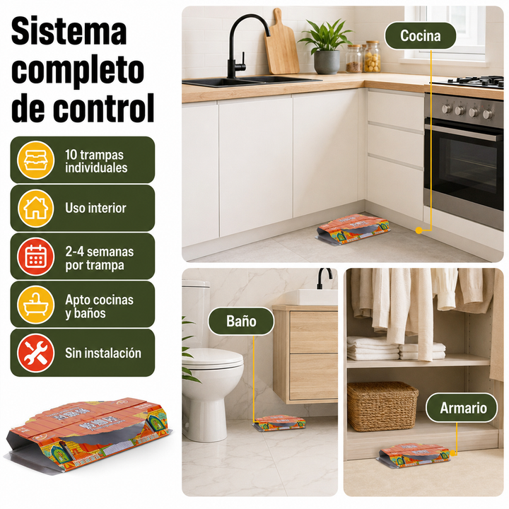 Trampa adhesiva con cebo para cucarachas, solución de desinsectación segura y eficaz para el control de plagas en hogar.