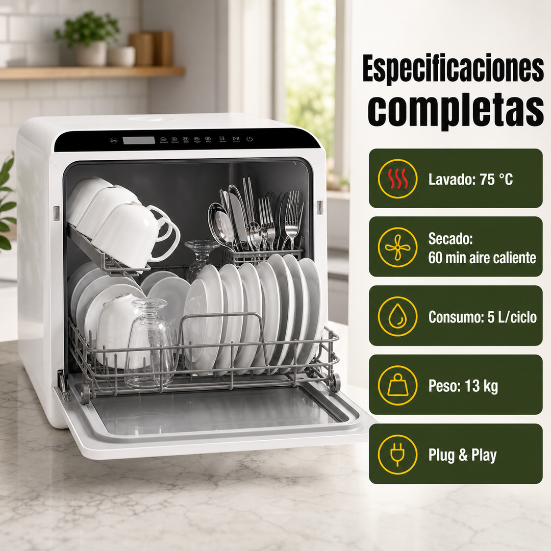 Lavavajillas R01 sobremesa. Un electrodoméstico compacto para el hogar. Limpieza eficaz sin instalación, perfecto para tu cocina.