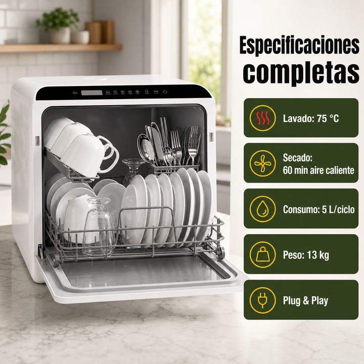 Lavavajillas R01 sobremesa. Un electrodoméstico compacto para el hogar. Limpieza eficaz sin instalación, perfecto para tu cocina.