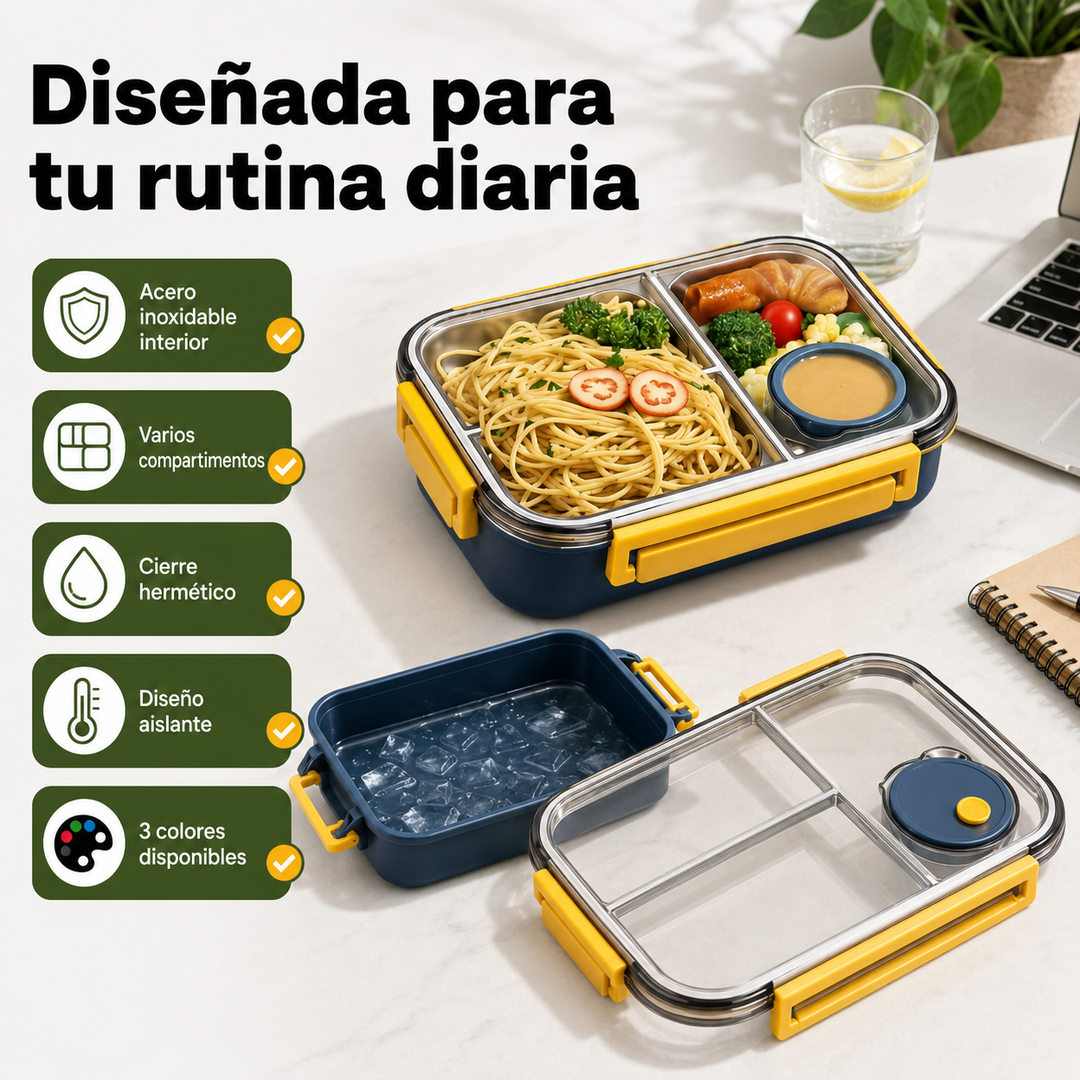 Fiambrera con compartimentos de acero inoxidable para organizar tu almuerzo diario.