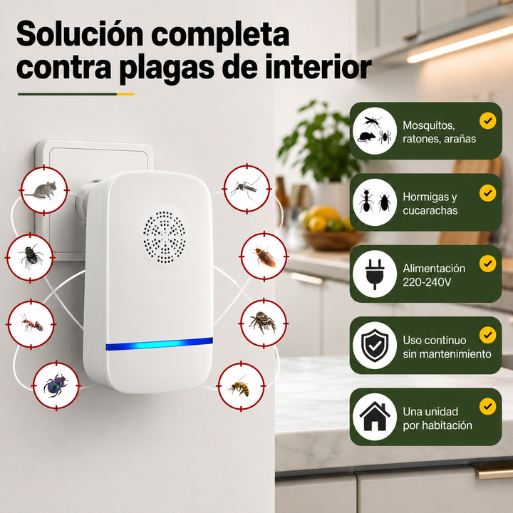 Moderno repelente ultrasónico enchufable. Diseño discreto que protege tu hogar de plagas, mosquitos y ratones, sin ruidos molestos.