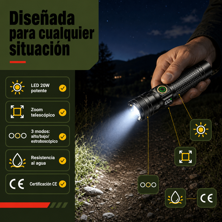 Linterna LED compacta de aluminio con zoom, display digital y función recargable, ideal para camping.