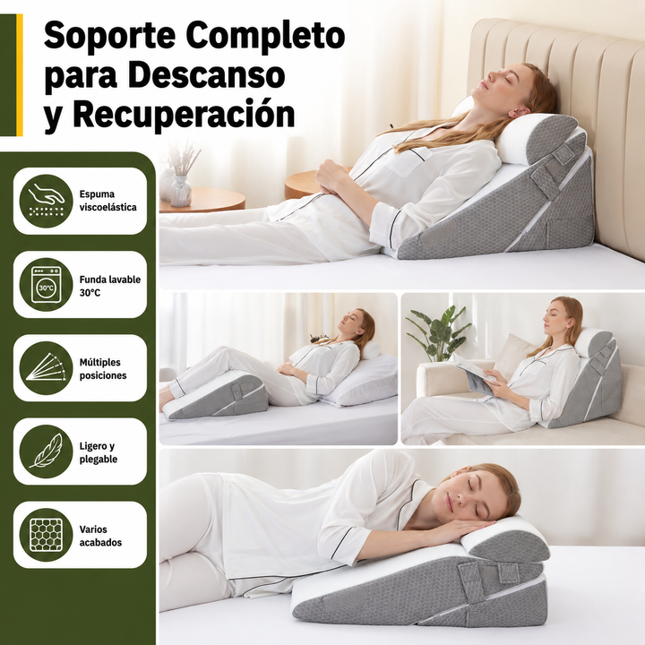 Soporte lumbar y para piernas con cojín cuña viscoelástico. Plegable y ortopédico para máximo confort.
