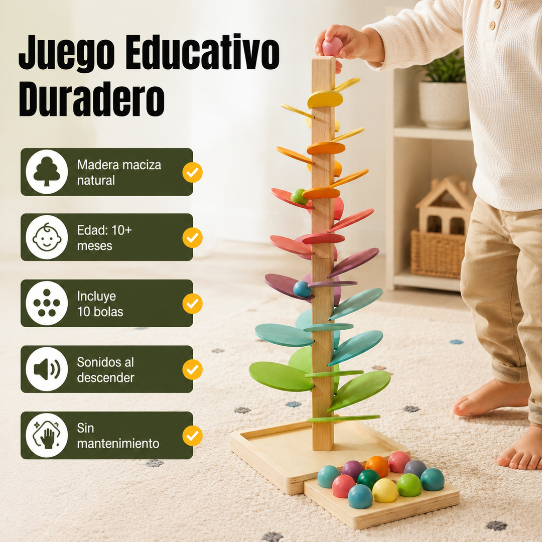 Torre Montessori de bolas de madera arcoíris, juguete educativo. Fomenta desarrollo motriz y sensorial infantil.
