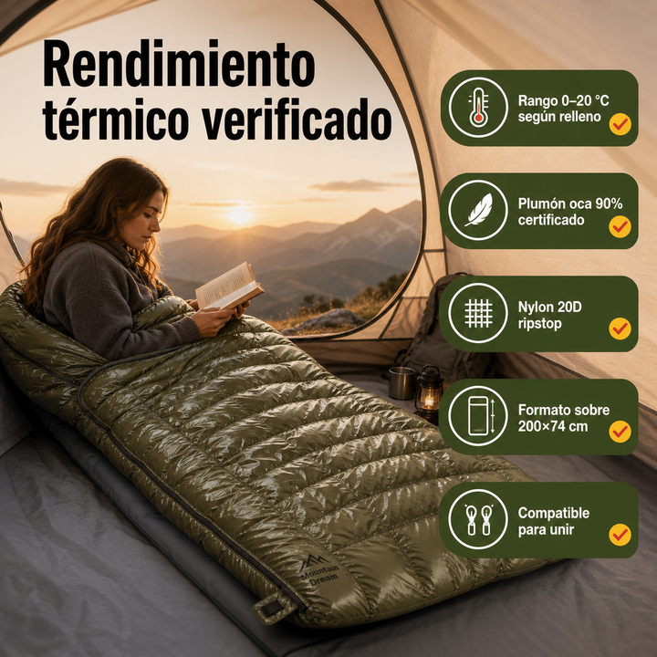 Cómodo saco de dormir verde ultraligero de plumón de oca, diseño 3 estaciones para acampada exterior.