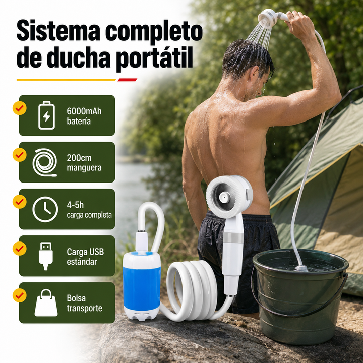 Ducha eléctrica portátil con batería recargable, ideal para camping, mascotas o limpieza eficiente en exteriores.