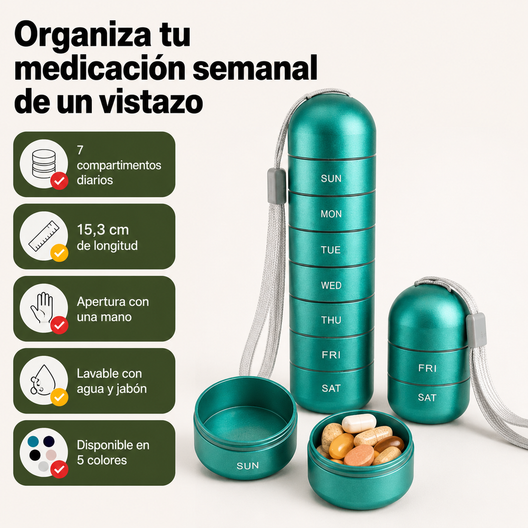Pastillero portátil para medicamentos, facilita la toma diaria y semanal de tus pastillas.