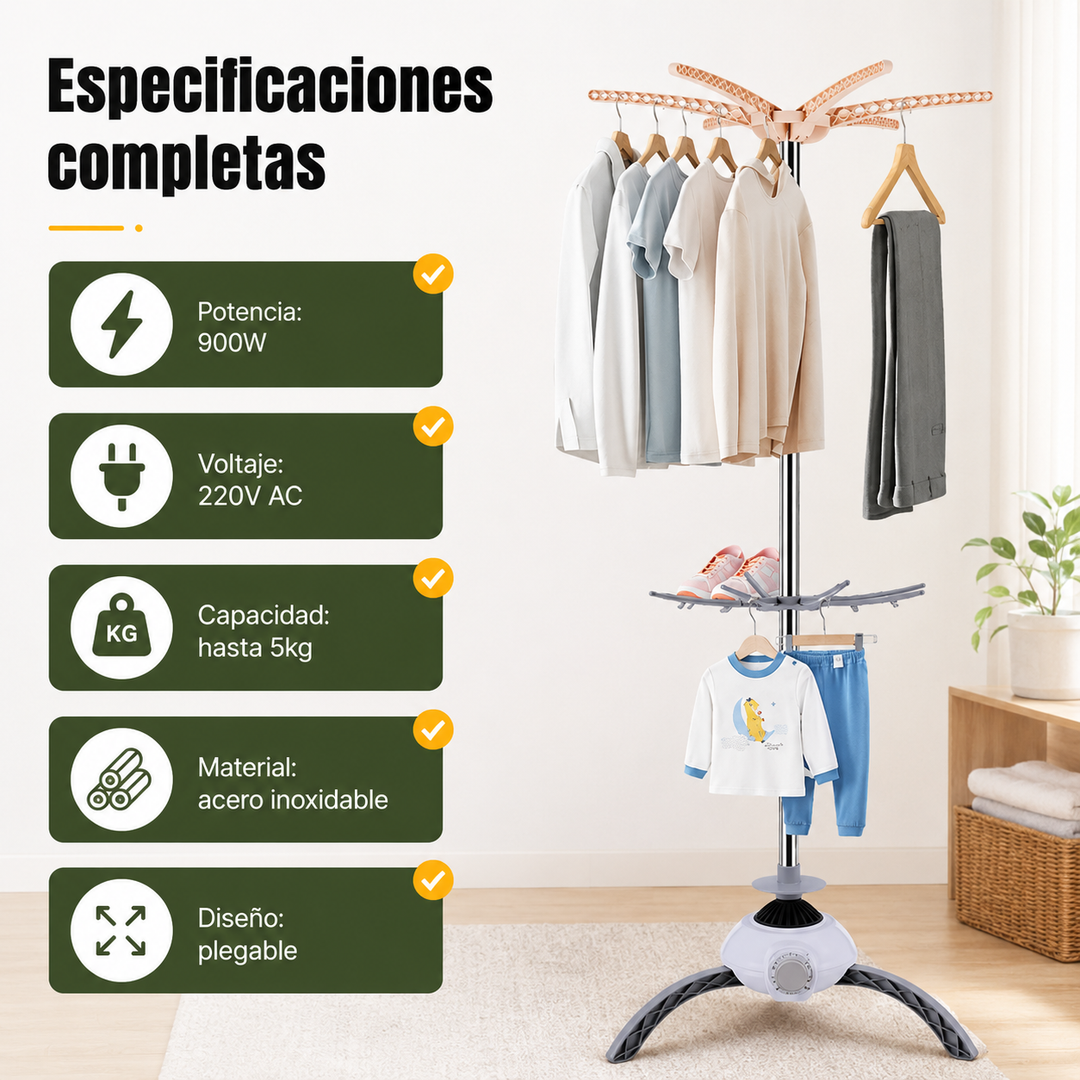 Tendedero eléctrico plegable compacto y de acero inoxidable. 900W, secado rápido de ropa con aire caliente.