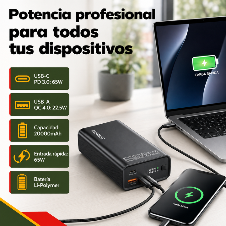 Batería portátil de 20000mAh y 65W con USB-C Power Delivery. Carga ultrarrápida para tu laptop y móvil.