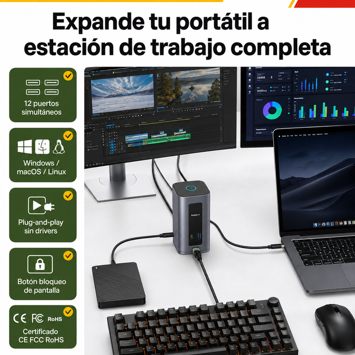 Hub USB-C 12 en 1 unisex: estación de acoplamiento completa con HDMI 4K, PD 100W, Ethernet y lector de tarjetas.